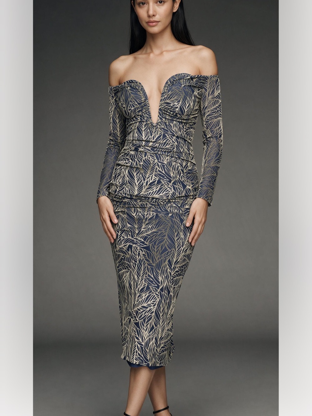 NWT ELLIATT Orla Blue Off Shoulder Long Sleeve Elegant Midi Cocktail Dress SP